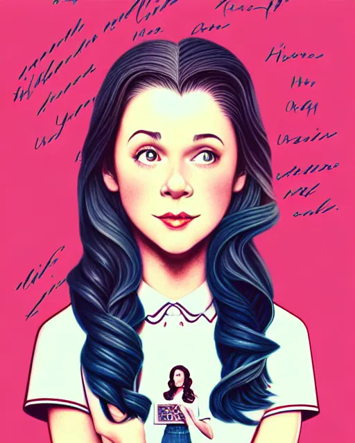 Image similar to a richly detailed color  illustration depicting a female character from Gilmore Girls as a prep highschool student surrounded by beautiful cursive writing, large format image. illustrated by Artgerm and Mina Petrovic and Timothy Kong. 3D shadowing.