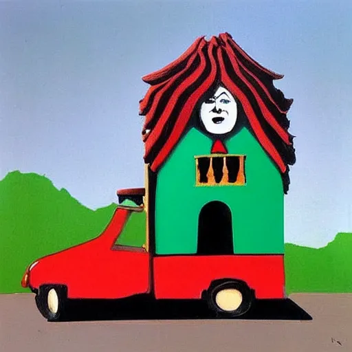 Image similar to Baba Yaga's chicken leg house stuck in traffic, painted in the style of René Magritte.