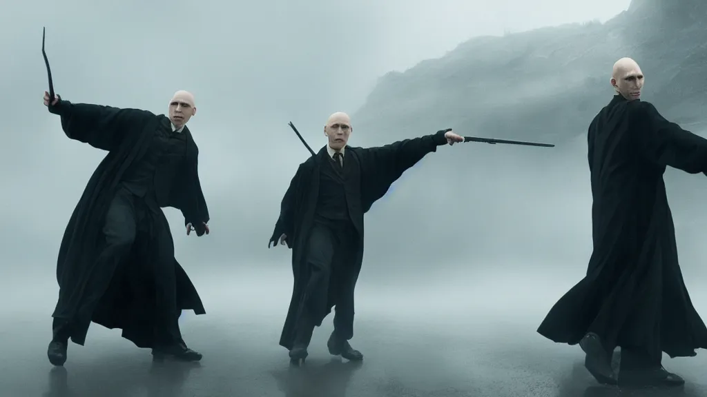 Prompt: harry potter and voldemort pointing guns!!! at each other on a bridge with mist, moody lighting, dark, expressive, realistic, 4 k, realism, distance!!!, far away