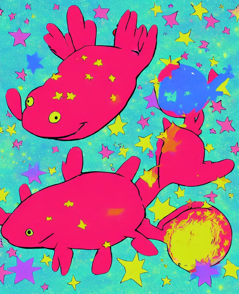 Prompt: cute axolotl floating in space, oil pastel art, organic digital art, 3 d hd high definition render, in the style of warhol 7 0 ’ s