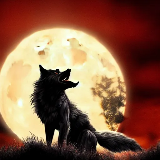 Prompt: werewolf howling to the moon, red sky, 4 k, cinematic composition, dark fantasy, extremely detailed, hyperrealism