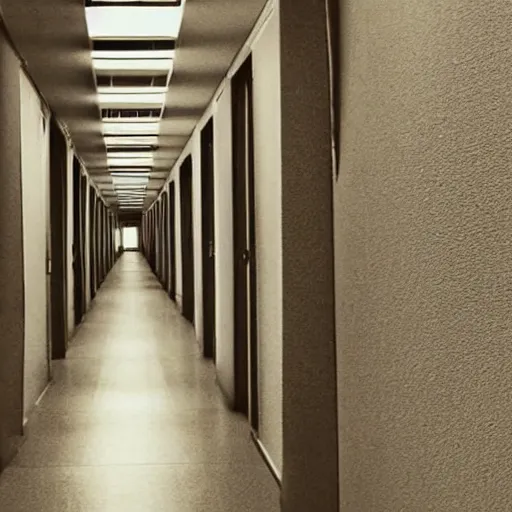 Image similar to In the bottom left corner of the picture of the long corridor, a woman's shoulder may be seen with her back to you. There is a shadowy figure down the corridor.
