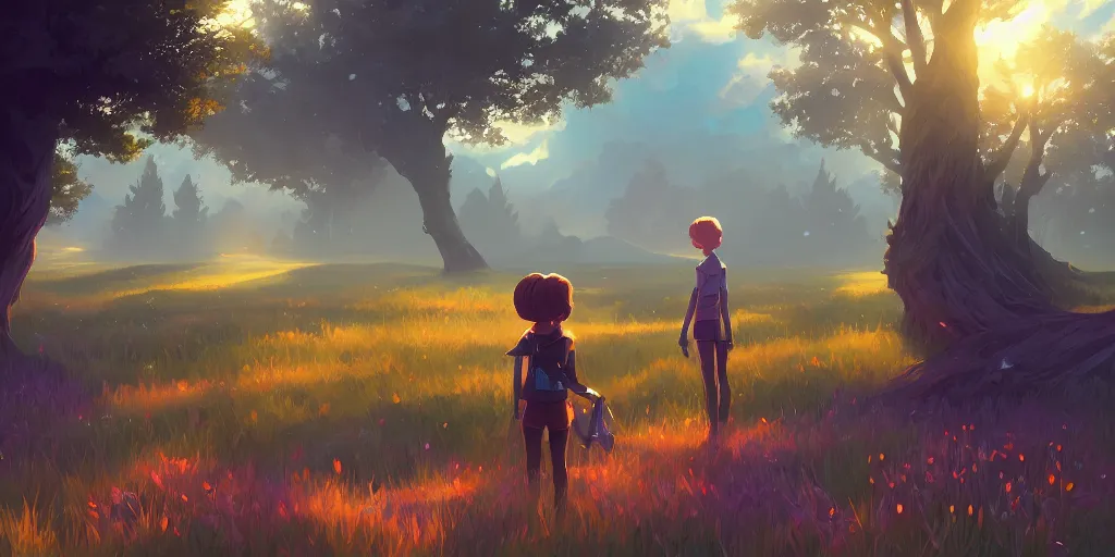 Image similar to the gleaming guardian of the meadow, mattepainting concept Blizzard pixar maya engine on stylized background splash comics global illumination lighting artstation lois van baarle, ilya kuvshinov, rossdraws