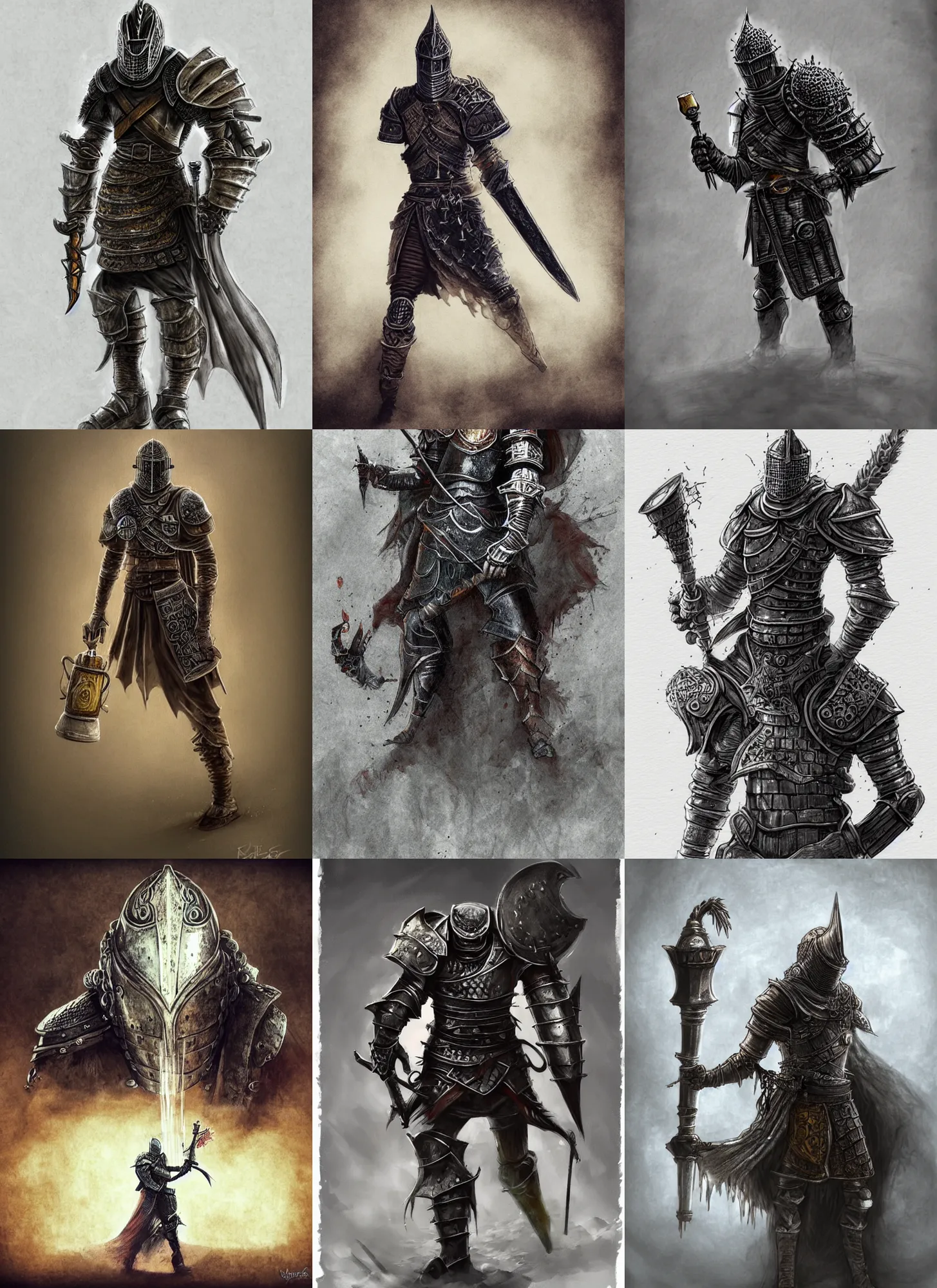 Prompt: knight drinks beer, beer, intricate, triumphantly, fog, full body art, dark souls, drawing, concept art