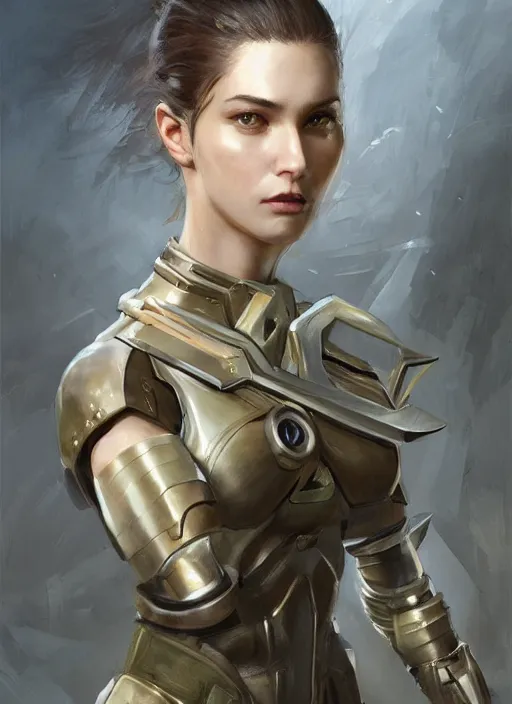 Image similar to a professional painting of a beautiful young female, clothed in military armor, olive skin, long dark hair, beautiful bone structure, symmetrical facial features, intricate, elegant, digital painting, concept art, smooth, sharp focus, illustration, from Metal Gear, by Ruan Jia and Mandy Jurgens and Artgerm and William-Adolphe Bouguerea