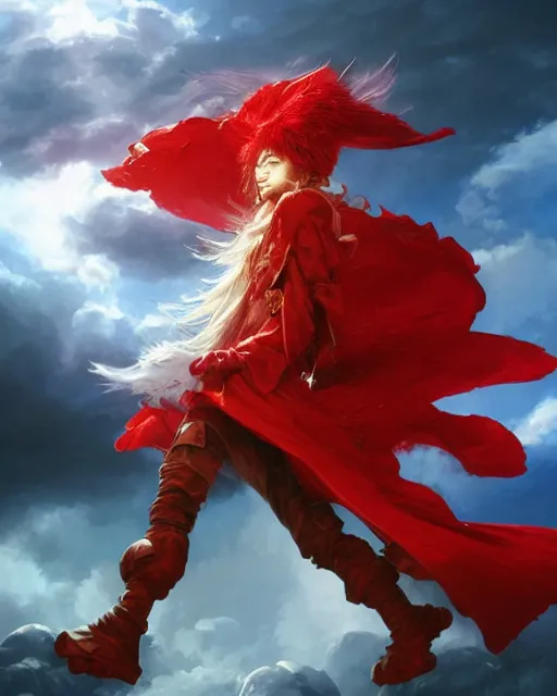 Image similar to A Full View of a Red Mage wearing magical shining armor and a feathered hat surrounded by an epic cloudscape. Magus. Red Wizard. Magimaster. Fantasy Illustration. masterpiece. 4k digital illustration. by Ruan Jia and Mandy Jurgens and Artgerm and greg rutkowski and Alexander Tsaruk and WLOP and Range Murata, award winning, Artstation, art nouveau aesthetic, Alphonse Mucha background, intricate details, realistic, panoramic view, Hyperdetailed, 8k resolution, intricate art nouveau