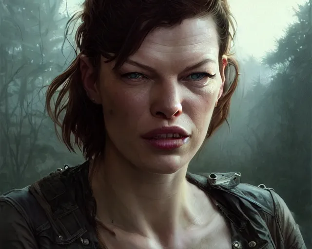 Image similar to highly detailed portrait of milla jovovich, in the walking dead, stephen bliss, unreal engine, fantasy art by greg rutkowski, loish, rhads, ferdinand knab, makoto shinkai and lois van baarle, ilya kuvshinov, rossdraws, tom bagshaw, global illumination, radiant light, detailed and intricate environment