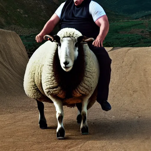 Prompt: morbidly obese keanu reeves riding a sheep, photo, detailed, 4 k