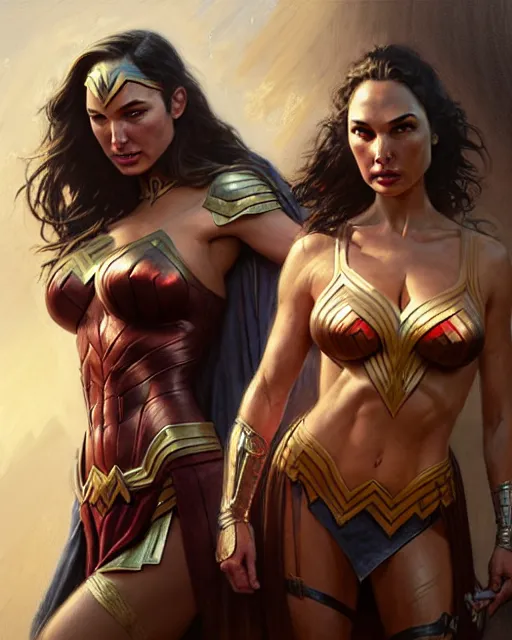 Image similar to lindsey pelas and gal gadot, character portrait, concept art, intricate details, highly detailed by greg rutkowski, gaston bussiere, craig mullins, simon bisley