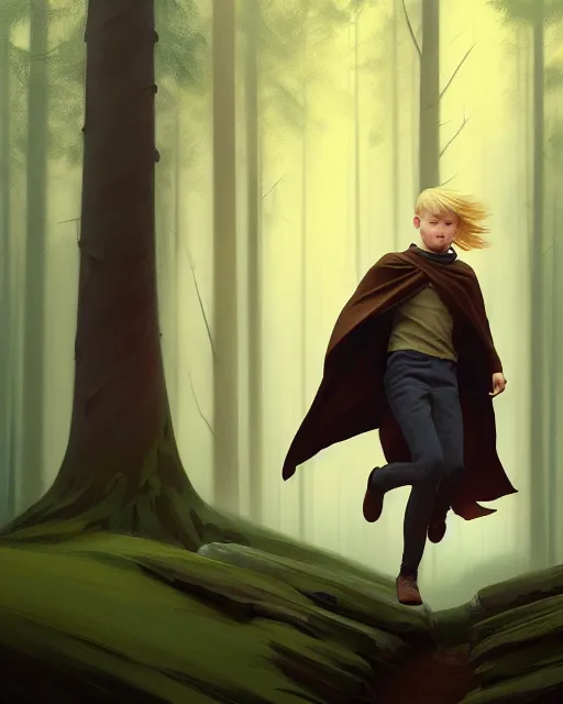 Image similar to masterpiece concept art, blonde boy wearing a brown cape and flying, forest background, emotional, cinematic moody colors, realistic shaded lighting poster by ilya kuvshinov, magali villeneuve, artgerm, jeremy lipkin and michael garmash and rob rey