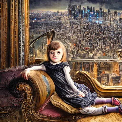 Image similar to a photo of young sad victorian gothic child with big eyes and wide grin sitting on a sofa of bones surrounded by a cyber futuristic cityscape made of human body parts by dan mumford, ultra detailed, 8 k resolution, beautiful lighting, expansive detailed layered city, landscape, 5 0 mm, perfect faces