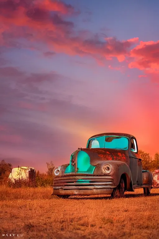 Image similar to a sunset light landscape with historical route 6 6, lots of sparkling details and sun ray ’ s, blinding backlight, smoke, volumetric lighting, colorful, octane, 3 5 mm, abandoned gas station, old rusty pickup - truck, beautiful epic colored reflections, very colorful heavenly, softlight