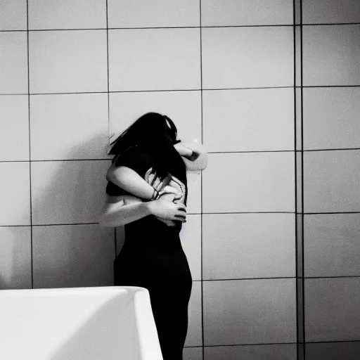 Image similar to black and white photograph of a girl crying into her arms in front of a bathroom mirror