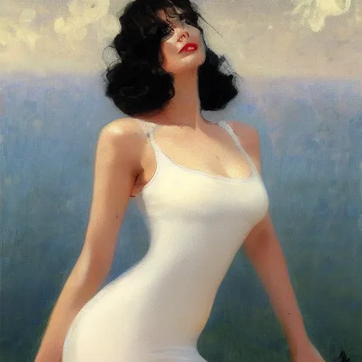 Prompt: a beautiful woman in an elegant see-thru white dress, wearing a black bikini underneath, 1920s, by Ilya Repin and artgerm, artstation, photorealistic, 8k octane render