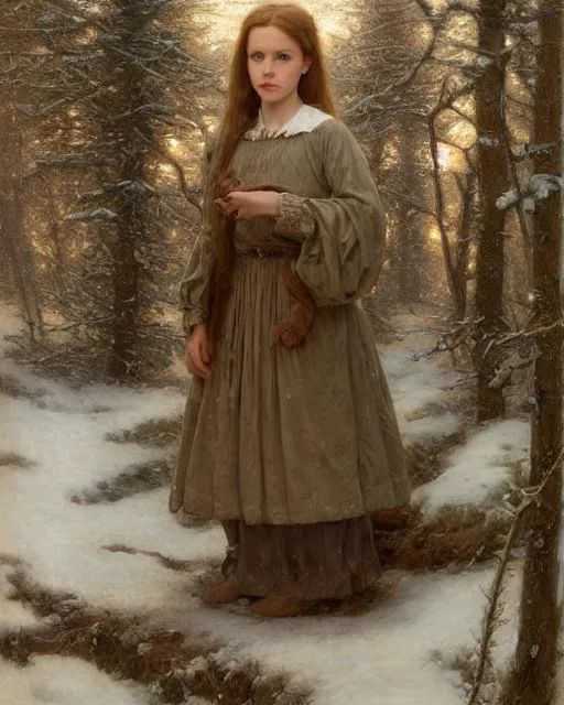 Image similar to a well - lit, realistic portrait painting of a thoughtful girl resembling a young, shy, redheaded irish alicia vikander or millie bobby brown wearing peasant dress in a deep snow - covered forest at dusk, highly detailed, intricate, concept art, artstation, by donato giancola, ron cobb, and william adolphe bouguereau