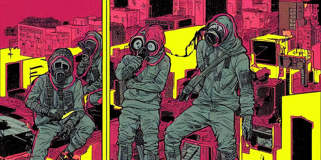 Prompt: detailed grainy risograph, detailed comic panel, story about saints gang which used yellow red hoodie and gas mask versus wolf gang which used grey hoodie and using wolf gasmask, dramatic situation, cyberpunk, vivid colors, by moebius and lehr paul and kim jung gi