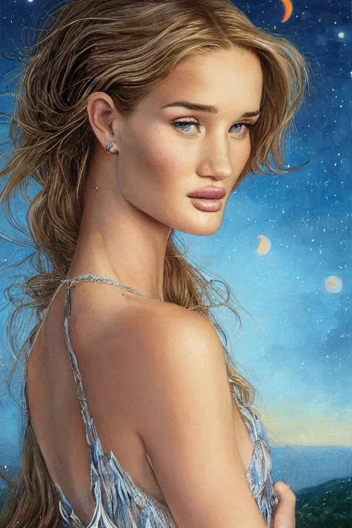 Image similar to Rosie Huntington-Whiteley,big watery eyed, looking at the viewer, sundown misty firefly wisps,double split halter open thigh leaf dress; in the style of Lilia Alvarado, Sophie Anderson, Mark Arian, Bob Byerley, Charlie Bowater, Mark Brooks, Steve Henderson, Justin Gerard, Arthur Hughes, Edward Robert Hughes, Mark Keathley, Victor Nizovtsev, Carlos Shwabe, Ross Tran, WLOP