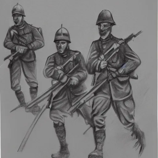 Prompt: charcoal sketch of german WW1 soldiers fighting zombies with flame throwers