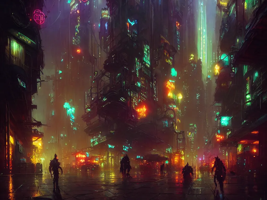 Prompt: neon city by night street view, fantasy, ultra realistic, concept art, highly detailed by greg rutkowski, gaston bussiere, craig mullins, simon bisley, eddie mendoza