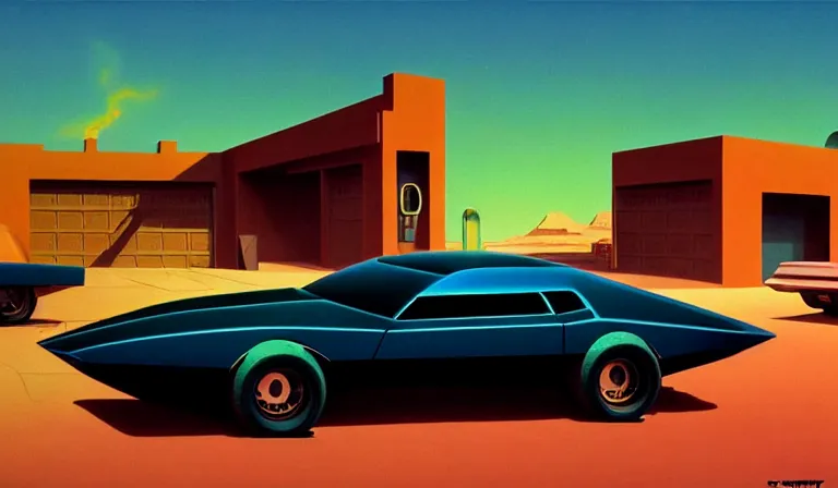 Image similar to a cinematic matte painting of a sleek 1 9 7 0 s vaporwave concept retro - futurism sci - fi muscle car in an open cluttered garage in the american southwest, view from the street. cactus. by eric lafforgue, glennray tutor and edward hopper, greg rutkowski. trending on artstation.