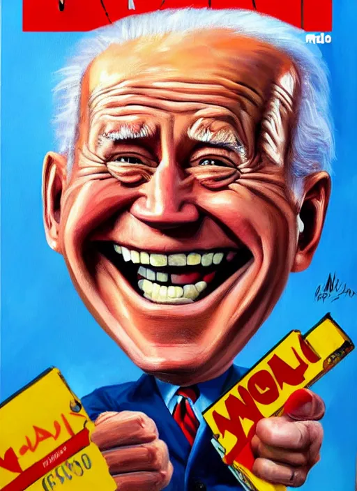Image similar to mad magazine cover, norman mingo painting, joe biden smiling, thumbs up, exaggerated proportions, caricature, realistic! ( painterly ), visible brush strokes, vintage, hd, crisp