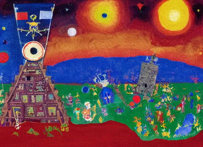 Image similar to pixel decollage painting tarot lovers card composition tower of babel road red armor maggot bear and wonky alien frog skeleton knight on a horse in a dark red cloudy night sky with golden foil jewish stars and diamonds, mountain lake and blossoming field in background, painted by Mark Rothko, Helen Frankenthaler, Danny Fox and Hilma af Klint, pixelated, neo expressionism, semi naive, pastel colors, cinematic, color field painting, cave painting, voxel, pop art look, outsider art, minimalistic. Bill Traylor painting, part by Philip Guston, Amano and Francis Bacon. art by Adrian Ghenie and Storm Thorgerson, very coherent symmetrical artwork, cinematic, hyper realism, high detail, octane render, unreal engine, Smooth gradients, depth of field, full body character drawing, extremely detailed, 8k, extreme detail, intricate detail, masterpiece