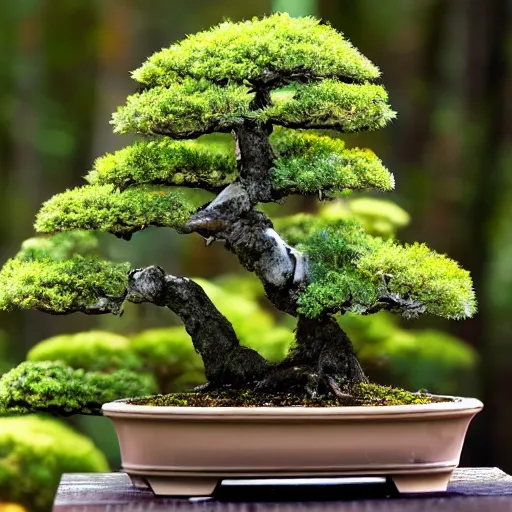 Image similar to a realistic bonsai dense forest on a pot, photography, focus