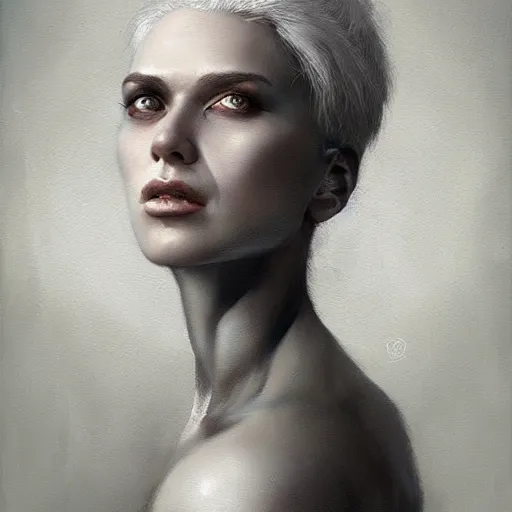 Image similar to painting of a beautiful grey haired girl with muscles, by tom bagshaw, greg rutkowski, wlop