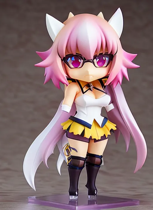 Image similar to chic kda ahri from league of legends nendoroid full body hyperdetalied, hero action pose, osamu tezuka, macoto takahashi, chibi, q posket, 8 k realistic, 3 d, cryengine, exquisite, charming smile, shape focus, symmetrical face, artstation, frostbite 3 engine, cryengine