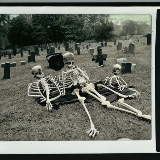 Image similar to old polaroid of a skeleton family doing a picnic in the cemetery