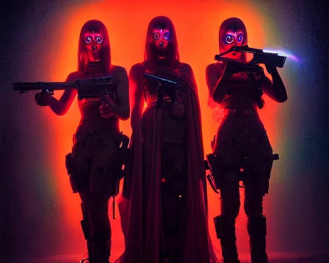 Prompt: three soldiers with beautiful faces, wearing psychedelic wicca, in uniform dresses, red neon weapons, full body, dark and mysterious, atmospheric, ominous, eerie, cinematic light, epic, 8 k 3 d, ultra detail, ultra realistic, by wlop, by mucha, by giger