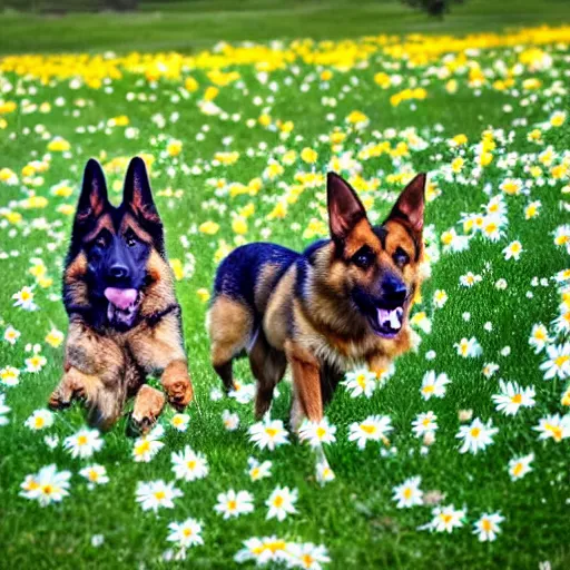 Prompt: German shepherd dog and bunny running in a field with daisies, trees in the distance with sun blue skies a couple of clouds