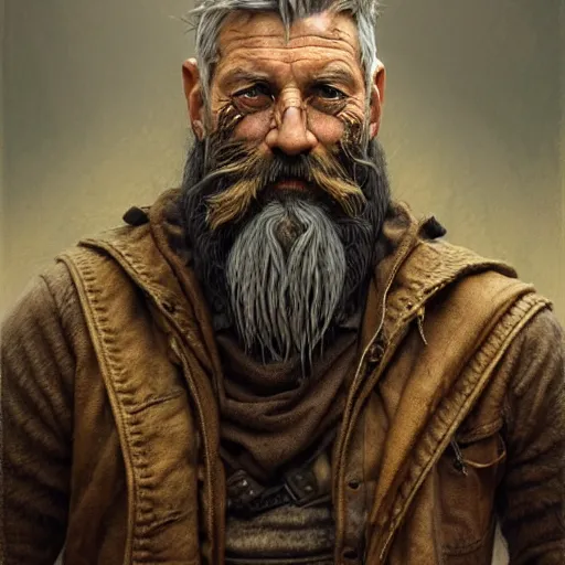 Prompt: old wizard, portrait, rugged, muscular, bearded, male, city landscape, norway, d & d, fantasy, intricate, elegant, highly detailed, digital painting, brown and gold color palette, cloth, octane render, concept art, matte, sharp focus, illustration, herrarthstone, art by artgerm and greg rutkowski and alphonse mucha