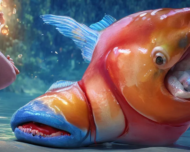 Image similar to of a very beautiful scene. ambient occlusion render. a sweet fat old woman is giving birth to a huge colorful fish. hyper realistic. 4 k. wide angle. wild, red mouth, blue eyes. deep focus, lovely scene. ambient occlusion render. concept art. unreal engine.