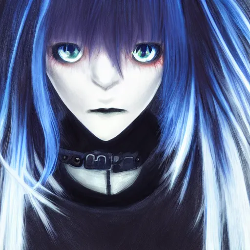 Image similar to high contrast photo of rimuru tempest, sky blue straight hair, bangs, with amber eyes, wearing a black jacket, high collar, ultra detailed, brush strokes, skin texture, digital painting, cinematic, wlop, pixiv, eerie, scary, intimidating glare, evil, junji ito, yoshitaka amano