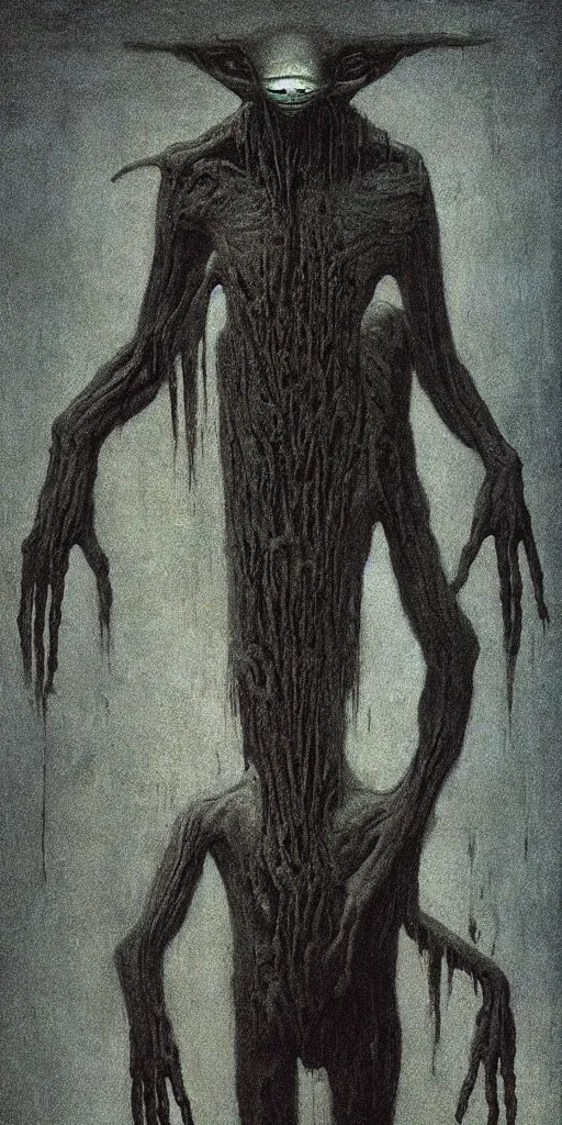 Image similar to “demonic alien with long fingers at the foot of the bed in a dark room, Beksinski”