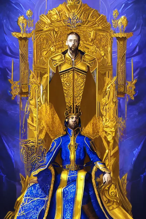 Prompt: Half-length portrait of the azur emperor sitting on its throne. Blue clothing, gold heavy armor. Dramatic, bloom, shadows. High fantasy, digital art, HD, 4k, detailed, illustration.