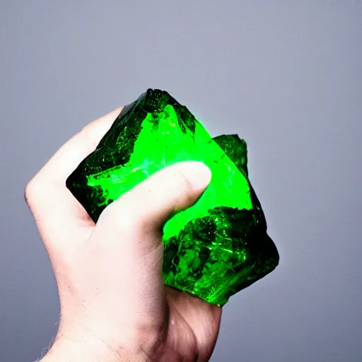 Image similar to a glowing shard of kryptonite held in an open black - gloved hand, pitch black background