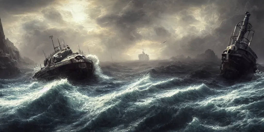 Image similar to scifi barge in turbulent waters in rocky coast, hyper realistic, highly detailed, digital art, apocalyptic, intimidating lighting, raytracing, sharp focus, smooth, romanticism