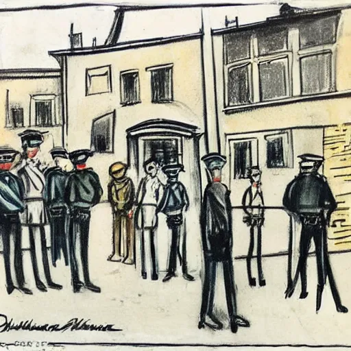 Prompt: The drawing depicts a police station in the Lithuanian city of Vilnius. In the foreground, a group of policemen are standing in front of the building, while in the background a busy street can be seen. screen printing by Heinrich Kley, by Wilfredo Lam daring, evocative