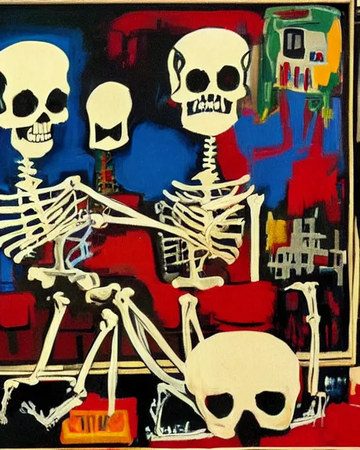 Image similar to oil neo expressionism painting of skull skeleton playing console video games infront of tv by basquiat and norman rockwell