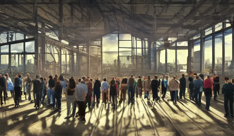 Prompt: large group people in simple warehouse, looking at hologram of futuristic cbd on a table, cinematic concept art, godrays, golden hour, natural sunlight, 4 k, clear details, tabletop model buildings, center model buildings, hologram center, crane shot, crane shot, crane shot, clear details, windows