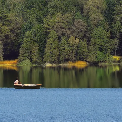 Image similar to surrealist fisherman in boat on calm lake with many trees along the shoreline during twillight