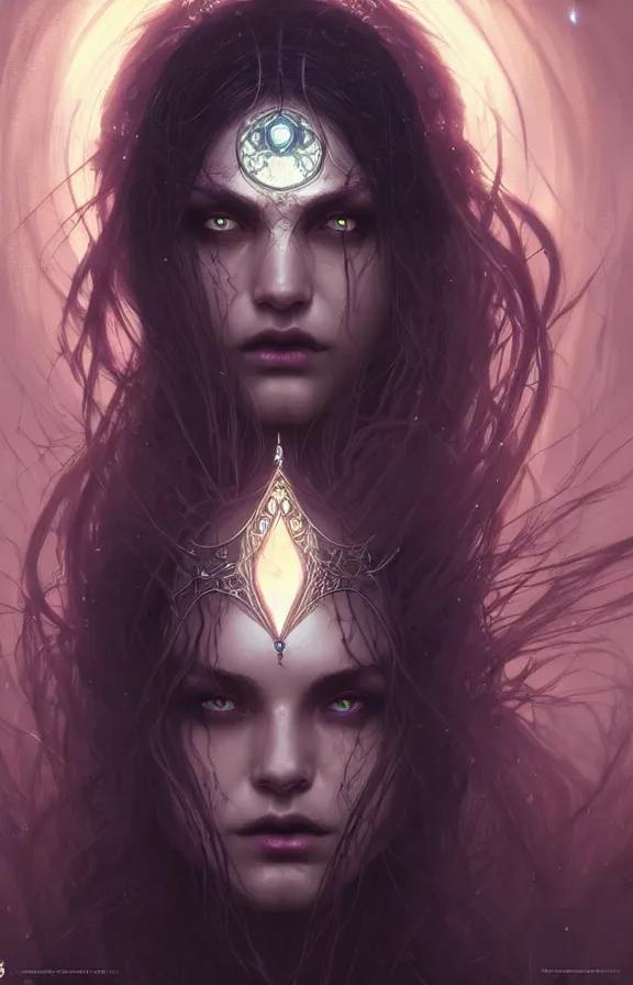 Image similar to Necromancer Sorceress face close-up macro in center, fantasy magic, undercut hairstyle, dark light night, intricate, elegant, sharp focus, illustration, highly detailed, digital painting, concept art, matte, art by WLOP and Artgerm and Greg Rutkowski and Alphonse Mucha, masterpiece