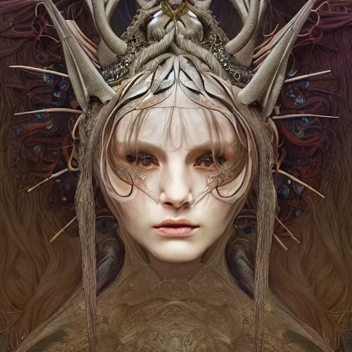 Image similar to a photograpic portrait of a anthropomorphic norse mythology mimosa, wearing furry clothes in the style of heilung an experimental folk music band, fantasy, intricate, elegant, highly detailed, digital painting, artstation, concept art, smooth, sharp focus, illustration, art by artgerm and H R Giger and alphonse mucha