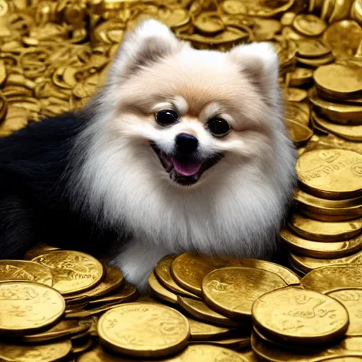 Image similar to A pomeranian wearing a top-hat, sitting on top of a large pile of gold coins