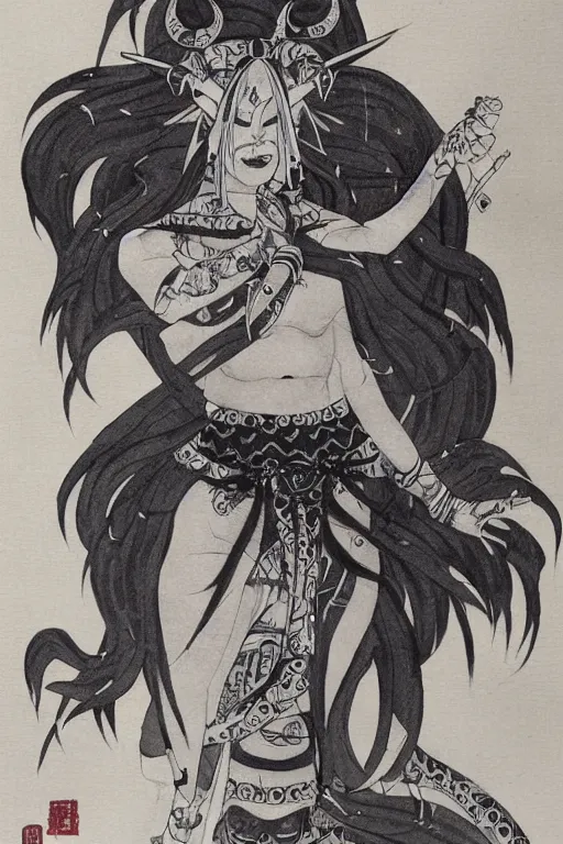 Prompt: beautiful Oni portrait by Soga Shōhaku, high detail, full body, Ink wash painting, monochrome