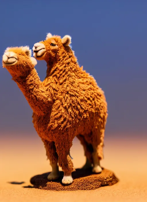 Image similar to 80mm resin detailed miniature of fluffy camel in desert, coca cola in camel head, in background there is fir, Product Introduction Photos, 4K, Full body, simple background