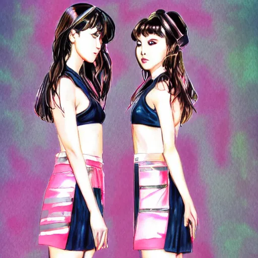 Prompt: a perfect, realistic professional digital sketch of two synthwave Japanese schoolgirls posing, in style of Marvel, full length, by pen and watercolor, by a professional American senior artist on ArtStation, a high-quality hollywood-style sketch, on high-quality paper