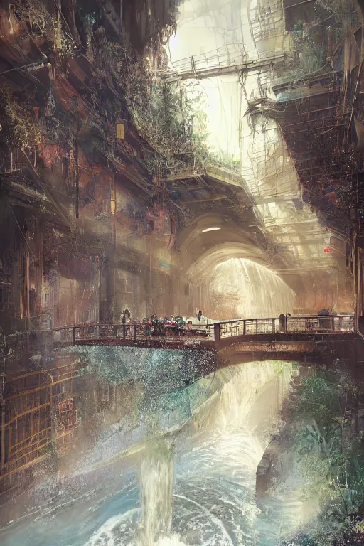 Image similar to An urban train rides inside of a waterway on a fantasy city, next to a fountain and a mystical palace,, waterfall, intricate, elegant, volumetric lighting, digital painting, highly detailed, artstation, sharp focus, illustration, concept art, ruan jia, steve mccurry